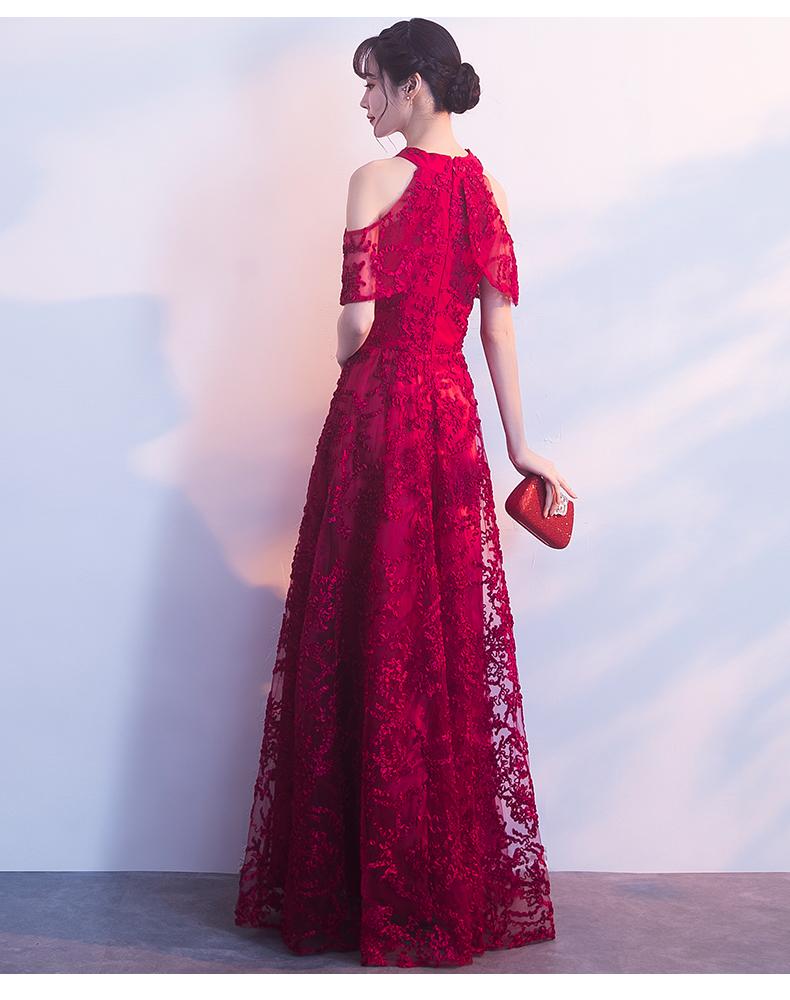 Lovely Halter Neckline Dark Red Lace Long Bridesmaid Dress, A-Line Wine Red Prom Dress cg20572