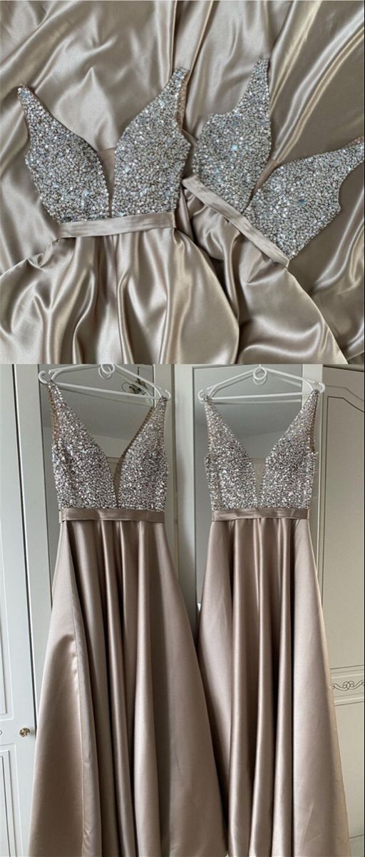 Long champagne satin bridesmaid dresses plunge neck beaded top Prom Evening Gown cg20717