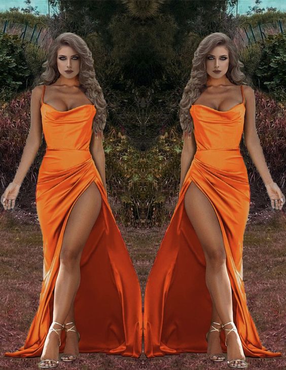 Amazing Mermaid satin orange Bridesmaid dresses leg split spaghetti straps with cowl neck prom dress, evening dress cg21056