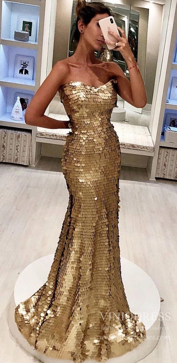 Sparkly Gold Sequin Mermaid Prom Dresses cg21140