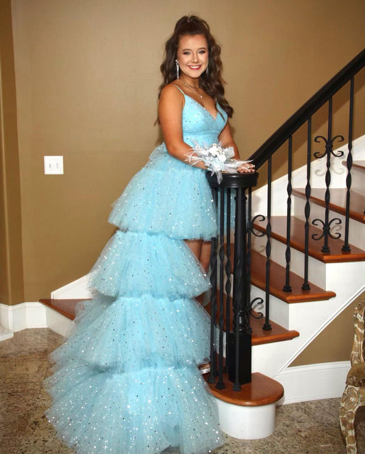 sparkle A-line high low prom party dress features with spaghetti straps cg21167