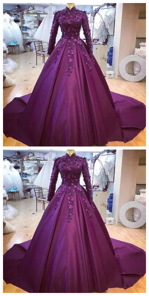 Spark Queen purple lomg prom ball Dress Long Sleeve Muslim cg21309