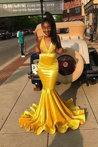Yellow Bodycon Mermaid Prom Dresses Long with Appliuqes cg21424