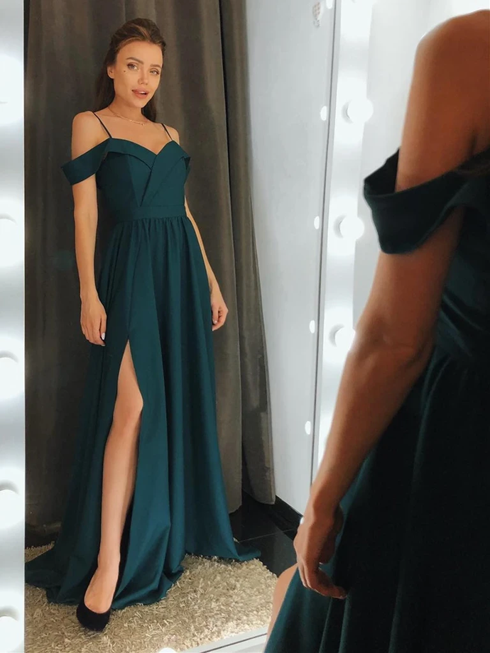 Dark Green Off the Shoulder Prom Dresses With Leg Slit, Off Shoulder Dark Green Long Formal Evening Bridesmaid Dresses cg21431