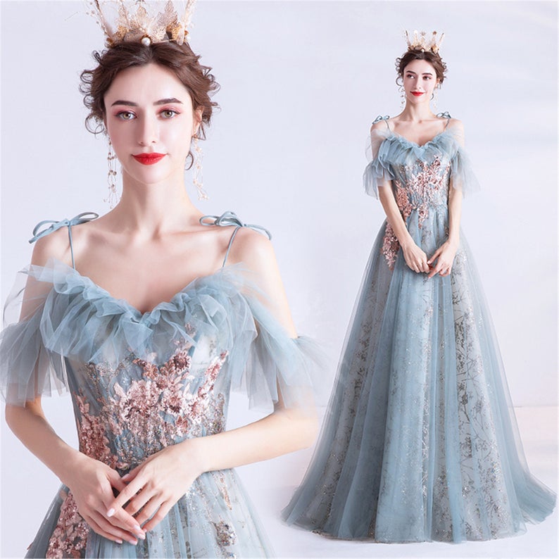 Vintage Prom Dress Light Blue Spaghetti Off Shoulder Formal Party Dress Sequined Ball Gown cg21491