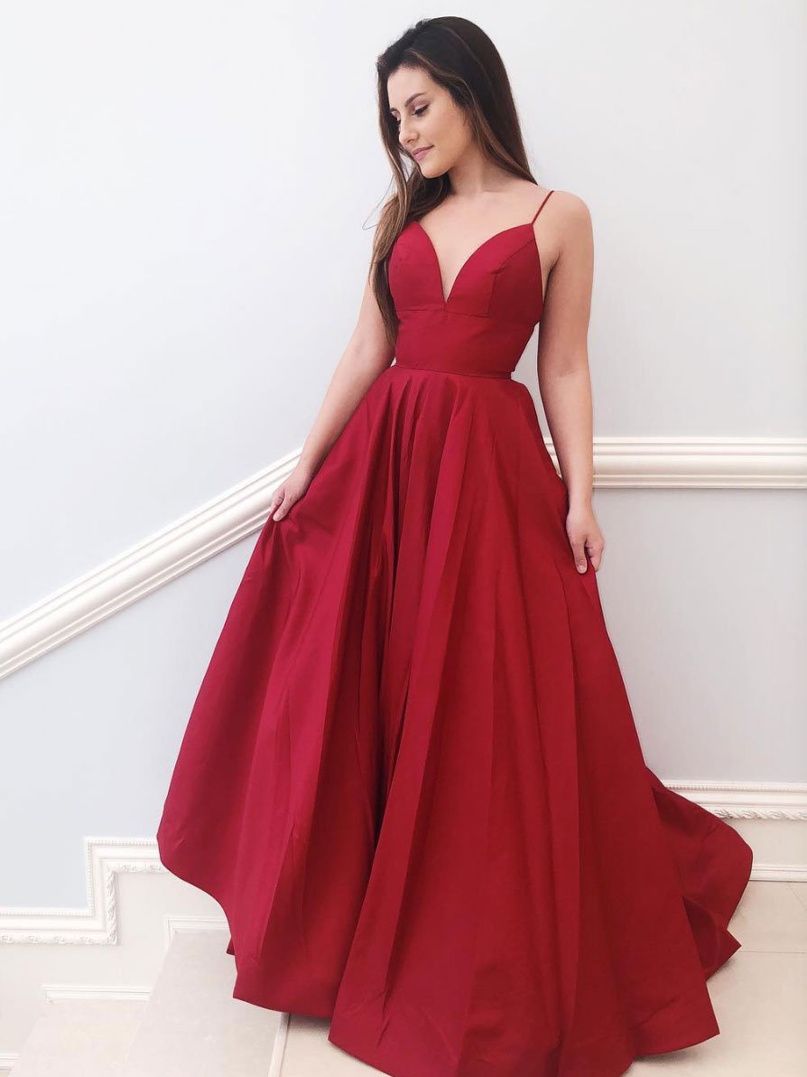 Red v neck satin A-line long prom dress red bridesmaid dress cg22098
