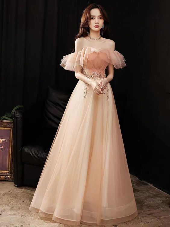 Flounce Collar Evening Dress, Off Shoulder Bridesmaid Dress Long Prom Dress cg22198