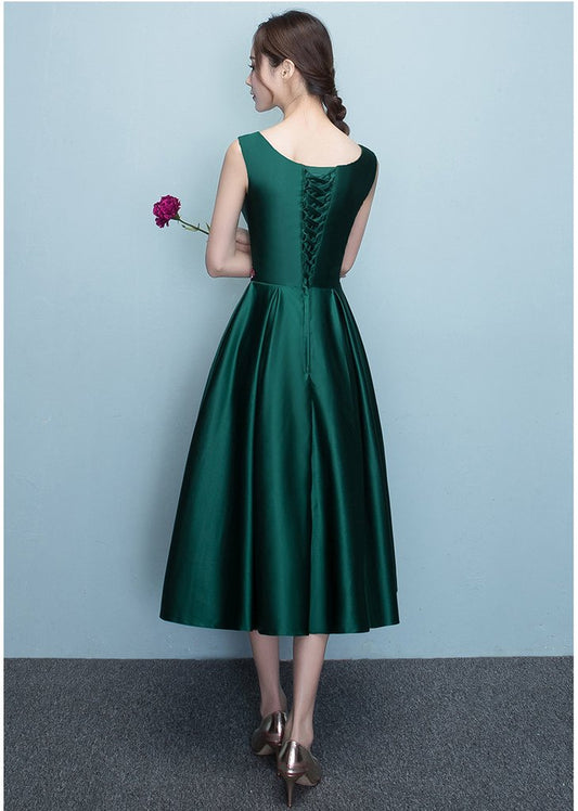 Lovely Dark Green Tea Length Simple Satin Bridesmaid Dress Prom Dress cg22223