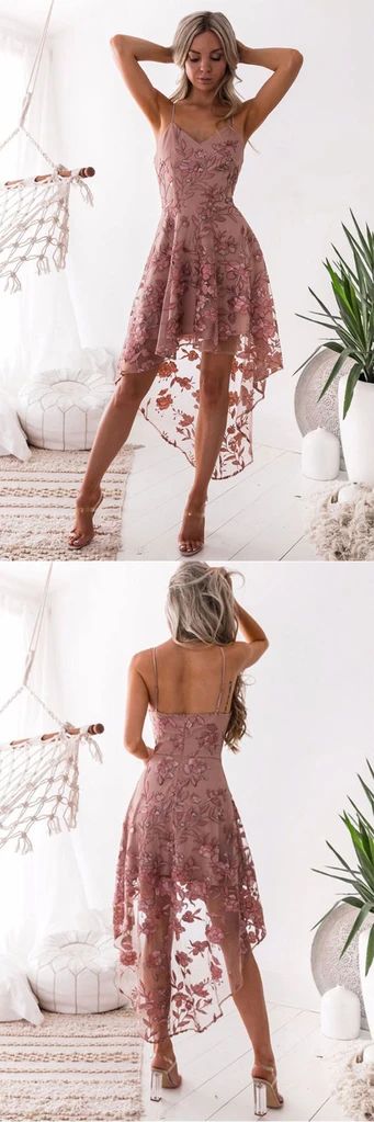 Pink v neck tulle lace high low prom dress lace bridesmaid dress cg22488