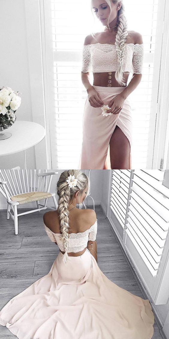 two piece long prom dress, off the shoulder long prom dress, pink prom dress with slit cg22537
