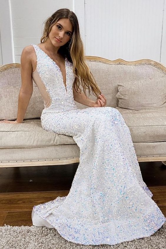 Sparkle Mermaid White Long Prom Dress cg24174