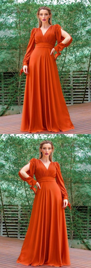 Burnt orange bridesmaid dresses with sleeves prom dresses cg24685