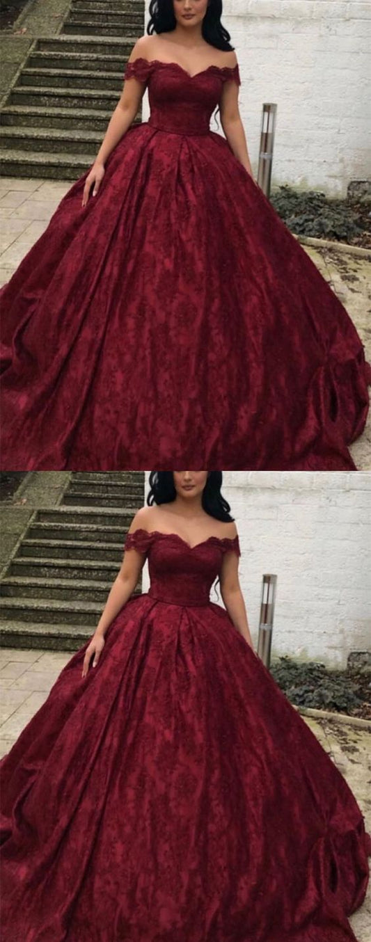 Charming Burgundy Lace Ball Gown Off Shoulder prom dress Wedding Dresses cg2623