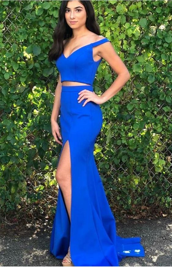 Two Piece Simple Blue Prom Dress Slit Pageant cg3812