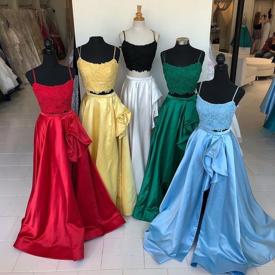 Two Piece Prom Dress, Red Long Prom Dress, Red Prom Dress with Pockets cg3986
