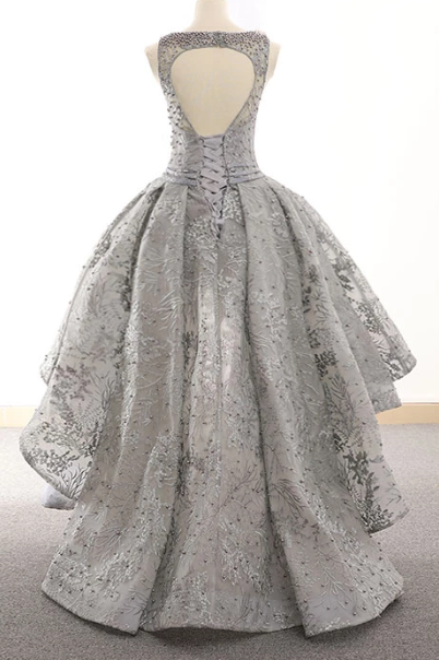 GRAY TULLE LACE HIGH LOW PROM DRESS cg4101