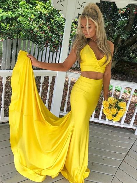 V Neck Yellow Satin Two Pieces Long Prom Dress, Yellow Mermaid 2 Pieces Formal Evening Dress cg4643