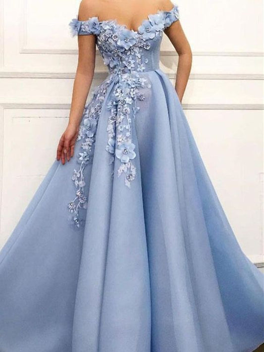 A Line Blue Off the Shoulder Tulle Lace Sweetheart 3D Flowers Prom Dresses,Formal Dress cg486