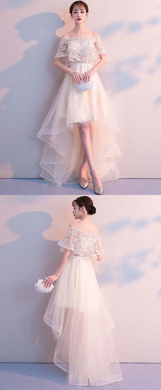 Champagne tulle high low prom dress, tulle evening dress, tulle lace bridesmaid dress cg491