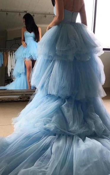 Blue Sweetheart Tulle High Low Prom Dresses with Long Train, Unique Strapless Party Dress cg4957