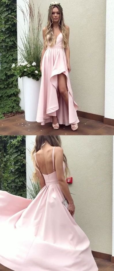 Simple A Line V Neck Elastic Satin High Low Prom Dresses, Formal Evening Dresses cg5448
