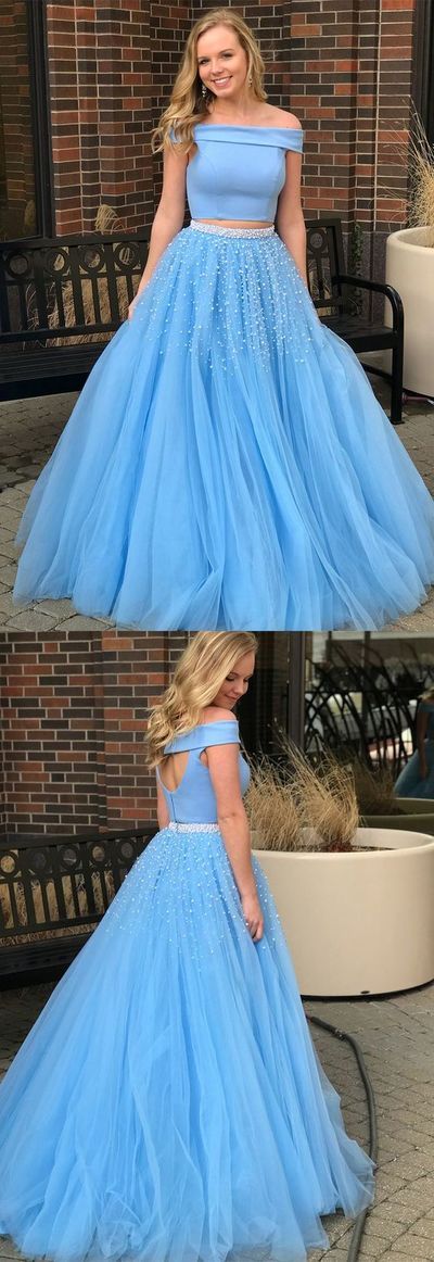 Two Piece Off-the-Shoulder Open Back Blue Prom Dress with Beading cg555