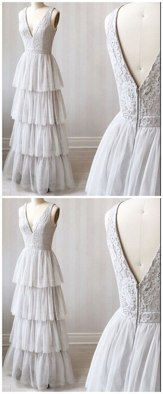 A Line V Neck Gray Lace Prom Dresses, V Neck Gray Lace Formal Graduation Bridesmaid Dresses cg5567