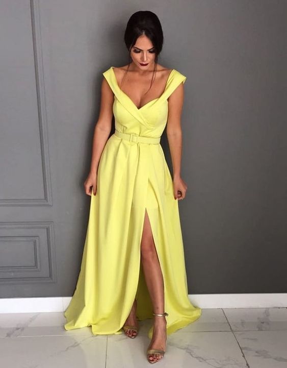 Yellow Prom Dress With Slit , Off The Shoulder Formal Dress cg5717