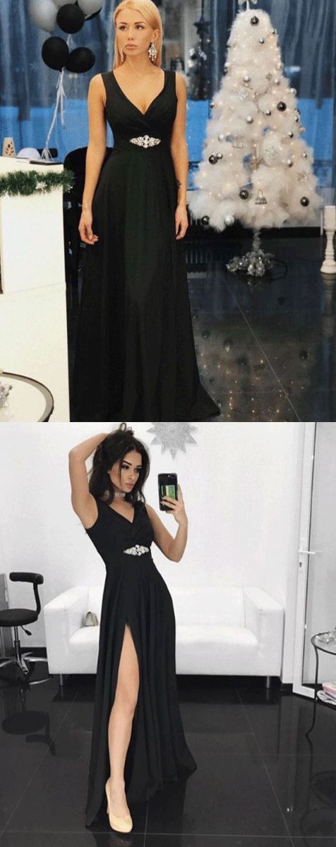 V Neck Black Prom Dress With Beaded cg5879