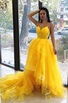 Unique Straps Yellow Ball Gown prom dress with Train cg6091