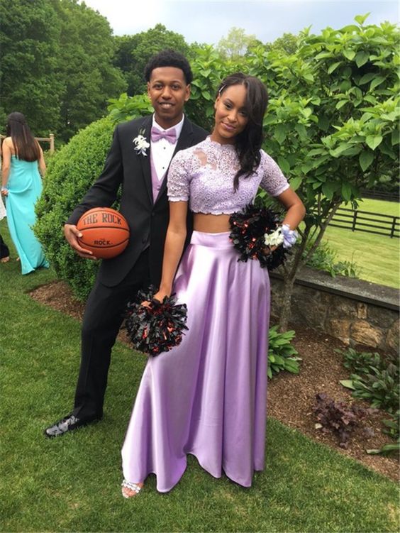 Purple Prom Dress with Lace,Two Pieces Prom Dress with Short Sleeve,Long Formal Party Gown cg6293