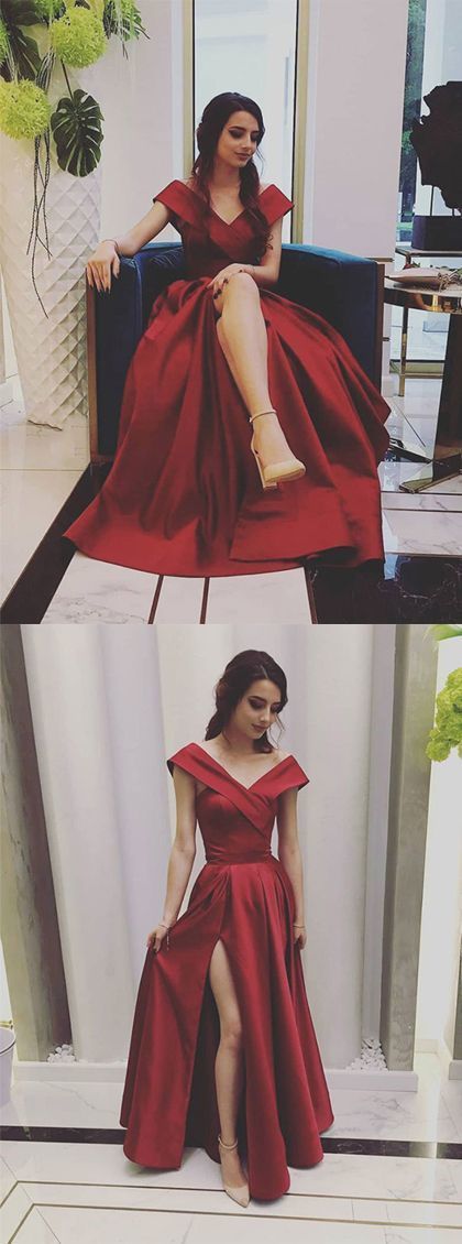 Stylish A Line V Neck Red Prom Dresses Long with Split Front Evening Dresses cg6398