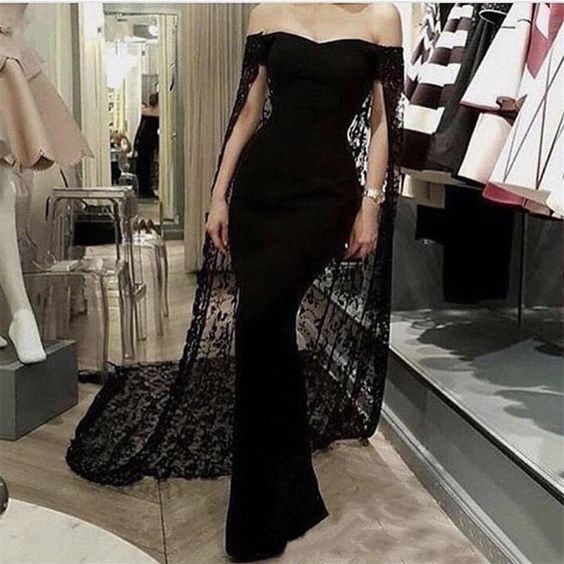 Mermaid Black Lace Cloak Off Shoulder Prom Dress,Strapless Evening Dress cg6521