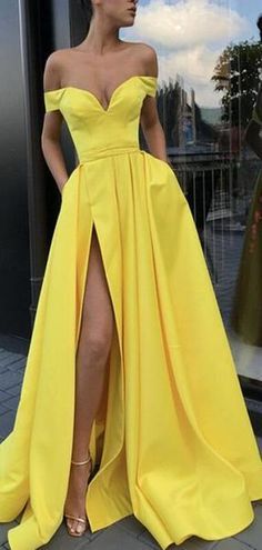 A-Line Sexy Split Yellow Elegant Long Satin Off Shoulder Prom Dresses cg6717