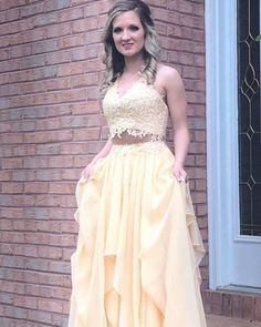 V Neck Two Piece Yellow Long Prom Dress cg6773