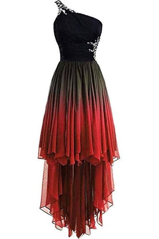 Unique One Shoulder Ombre Black and Red High Low prom Dresses with Beads cg6906