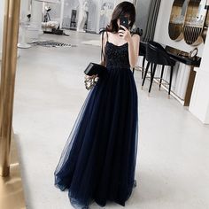 Stylish A Line Spaghetti Straps Navy Blue Prom Dress with Beading, Long Evening Dress cg7125