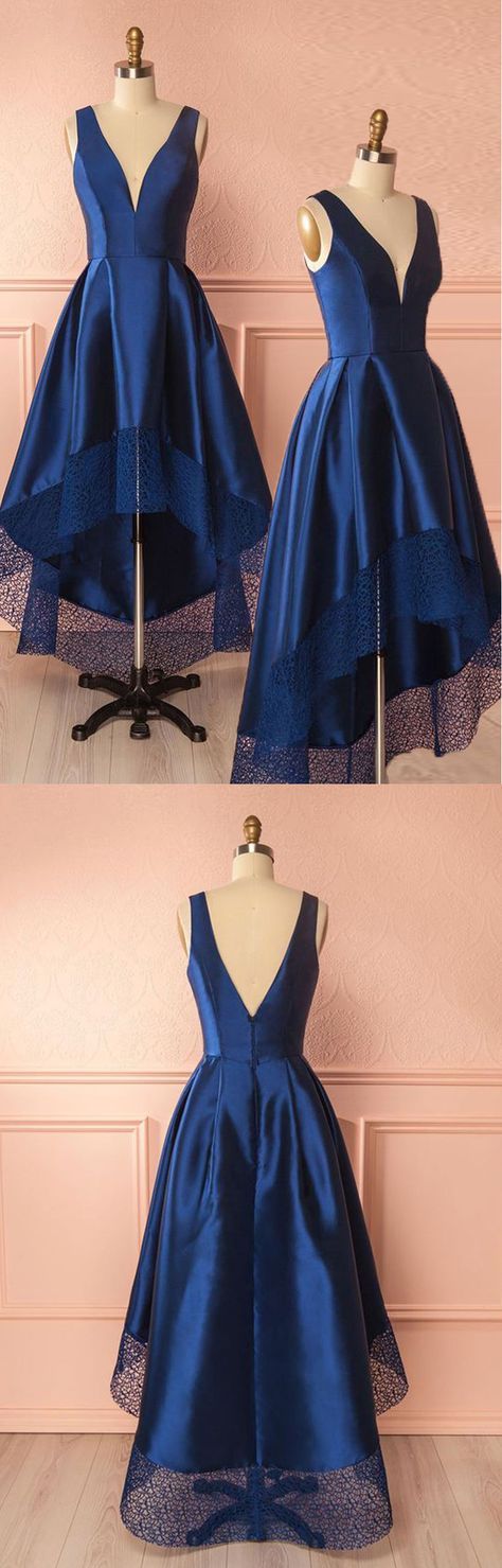 Dark blue v neck high low prom dress, dark blue bridesmaid dress cg7129