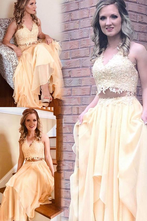 V Neck Two Piece Yellow Long Prom Dress cg7327