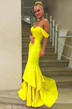 Lovely Yellow Mermaid Prom Dresses Sweetheart Off The Shoulder Long Party Dresses Satin Sexy Formal Gowns cg7355