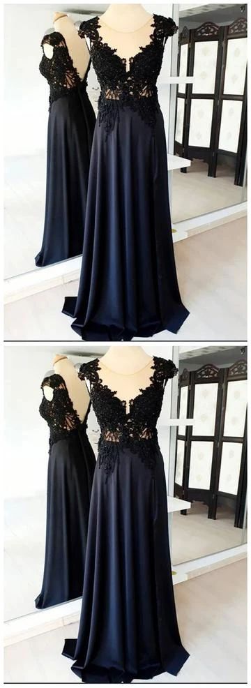 See Through A-Line Black Satin Cap Sleeves Round Neck Prom Dresses cg7356