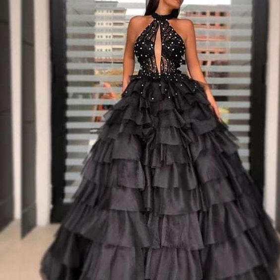 Black Prom Dress,Organza Prom Gown,Ball Gown Evening Dress,Halter Prom Gown cg7363