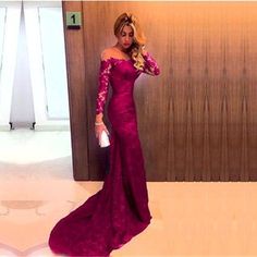 Sheer Neckline Long Sleeves Lace Prom Dresses Mermaid Evening Gowns Fashion Prom Dress cg7386