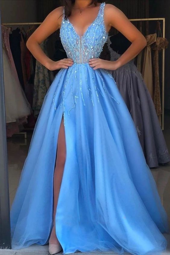 V Neck Slit Side Blue Prom Dresses with Beaded cg7401