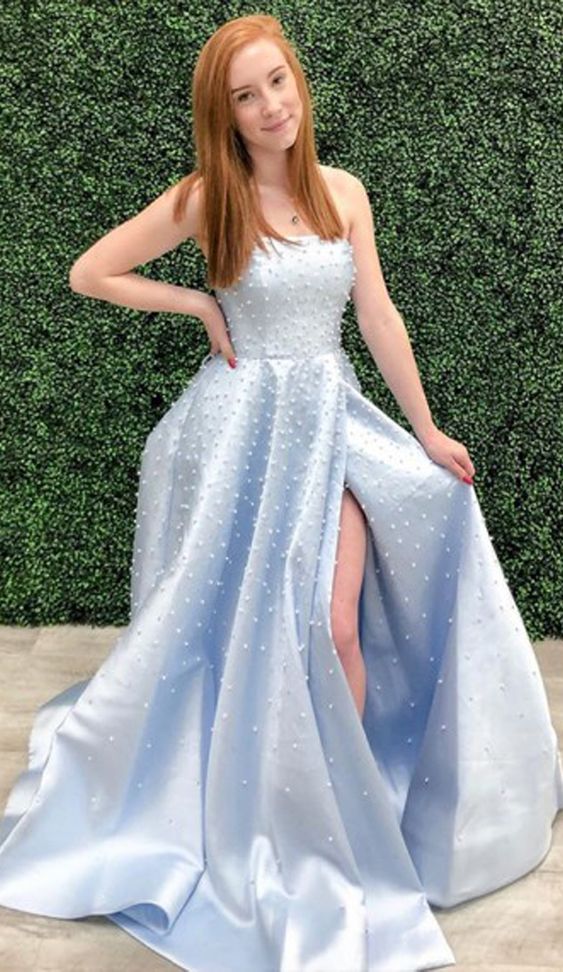 A Line Strapless Light Sky Blue Prom/Formal Dress With Pearls cg7428
