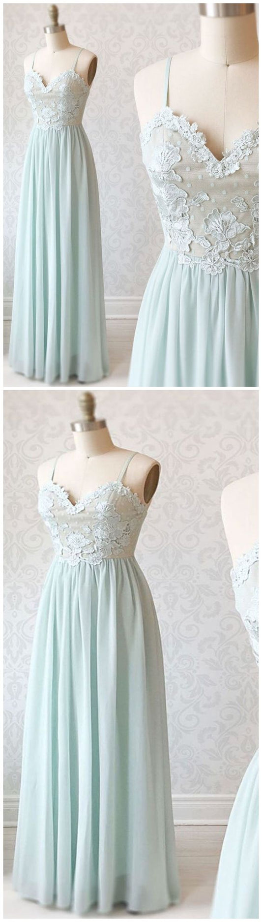 Light Mint Chiffon Simple Spaghetti Straps Prom Dress, Bridesmaid Dress With Applique cg7432