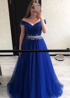 Tulle Off-the-shoulder Rhinestones Royal Blue A-line Prom Dress cg7435