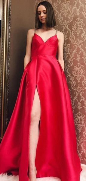 A-Line V-Neck Spaghetti Straps Side Slit Red Long Prom Dresses cg7442