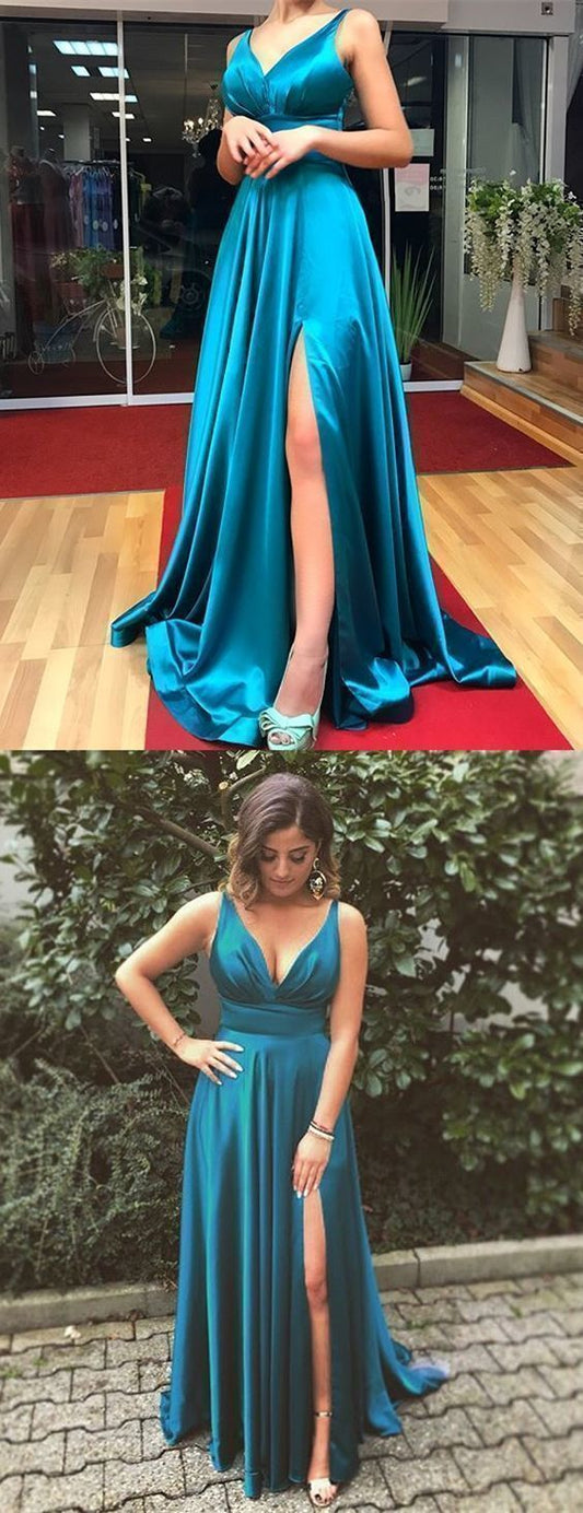 A-Line Spaghetti Straps Long Turquoise Prom Dress with Split cg7445