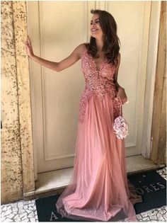 A-line V-Neck Peach Lace Tulle Sleeveless Long Prom Dresses cg7452